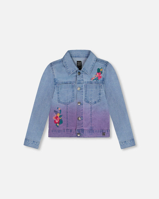 Deux Par Deux Jean Denim Jacket With Embroidery - Floral Light Blue Denim