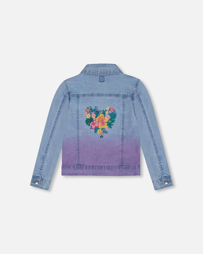 Deux Par Deux Jean Denim Jacket With Embroidery - Floral Light Blue Denim