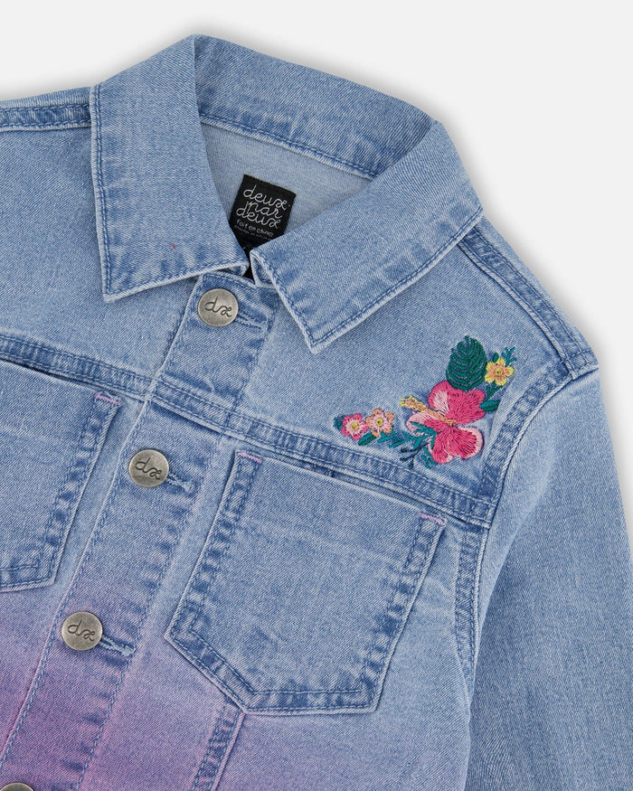 Deux Par Deux Jean Denim Jacket With Embroidery - Floral Light Blue Denim