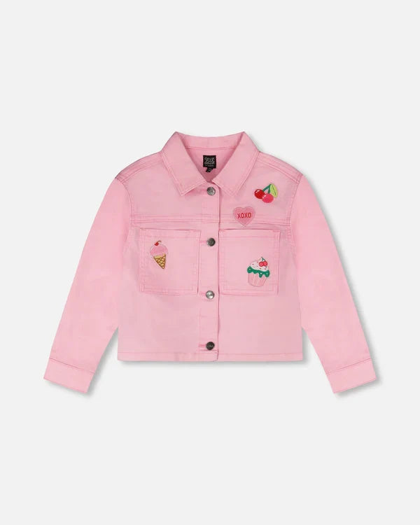 Deux Par Deux Jean Jacket with Embroidered Patches - Prism Pink