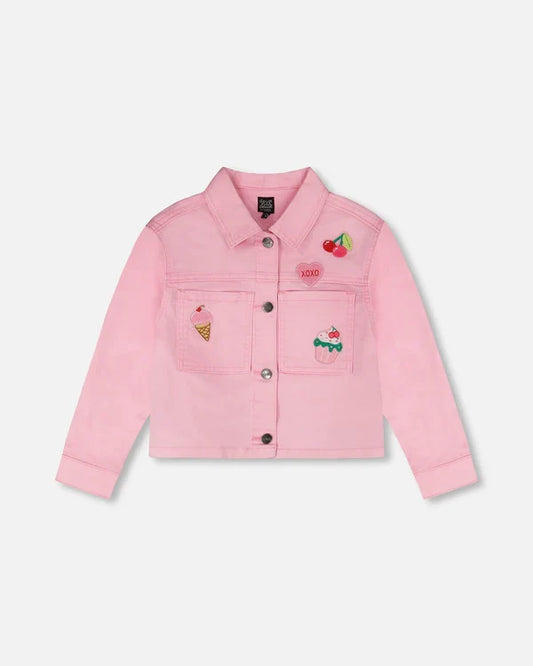 Deux Par Deux Jean Jacket with Embroidered Patches - Prism Pink