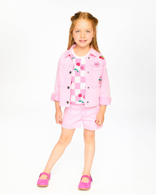 Deux Par Deux Jean Jacket with Embroidered Patches - Prism Pink