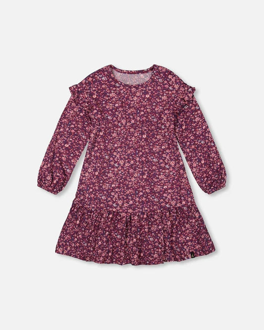Deux Par Deux Jersey Frill Dress - Mini Flowers Burgundy