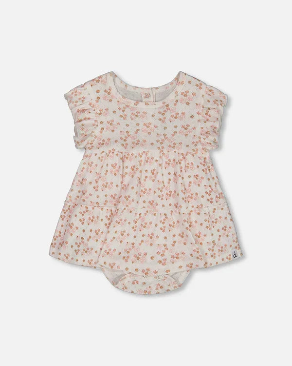 Deux Par Deux Jersey Pointelle Romper - Printed Pink Ditsy Flowers