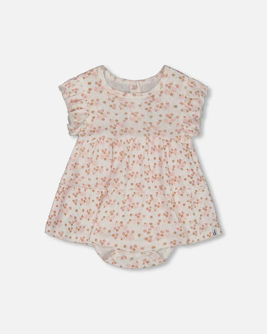 Deux Par Deux Jersey Pointelle Romper - Printed Pink Ditsy Flowers