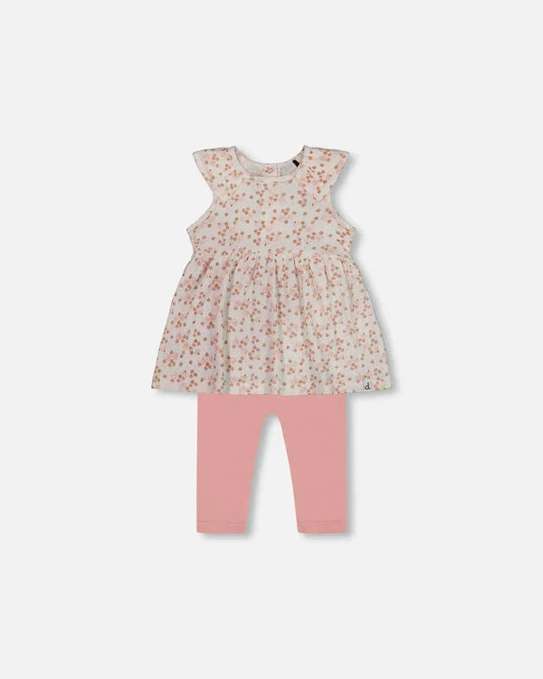 Deux Par Deux Jersey Pointelle Tunic and Leggings - Printed Pink Ditsy Floral