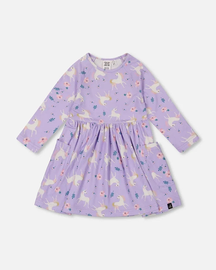 Deux Par Deux Jersey Printed Pockets Dress - Lilac Unicorn