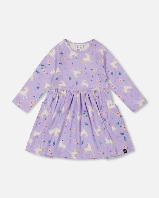 Deux Par Deux Jersey Printed Pockets Dress - Lilac Unicorn
