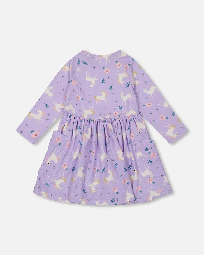 Deux Par Deux Jersey Printed Pockets Dress - Lilac Unicorn