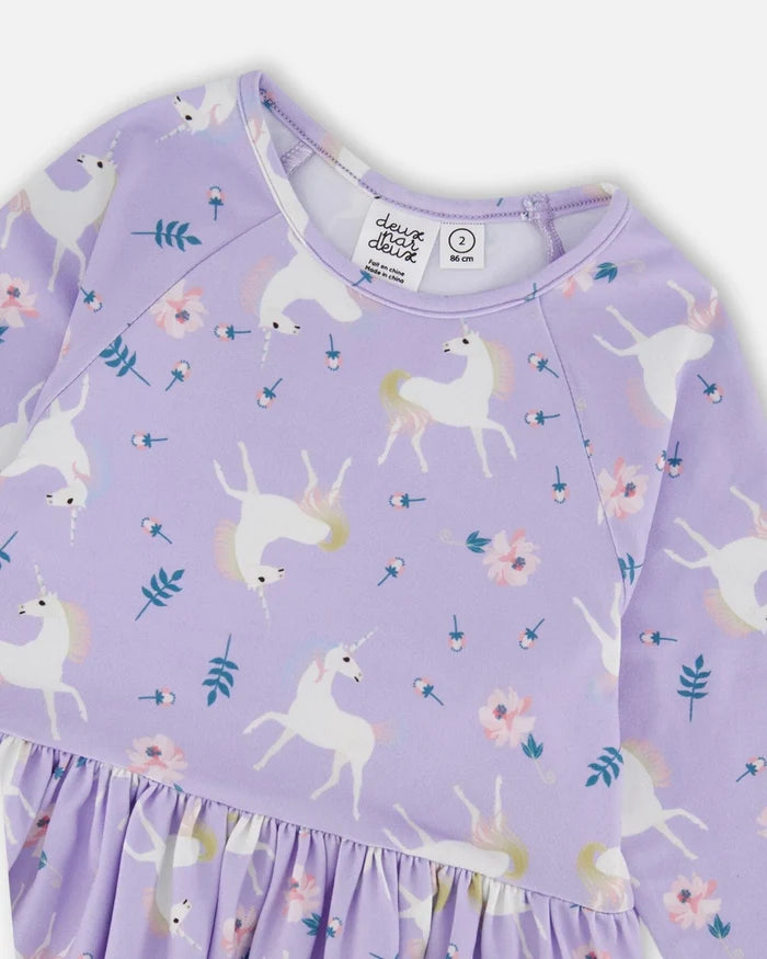 Deux Par Deux Jersey Printed Pockets Dress - Lilac Unicorn