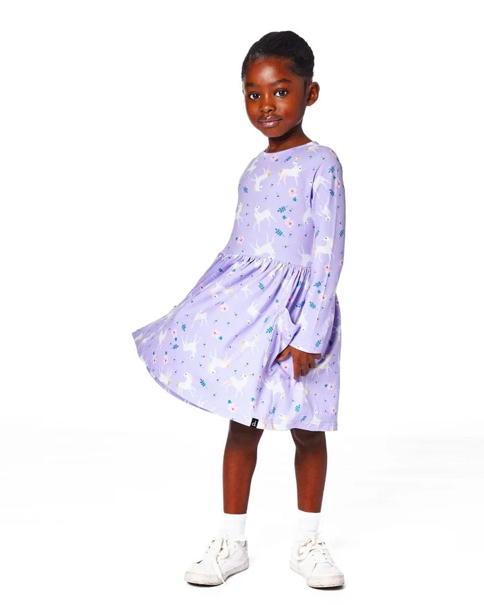 Deux Par Deux Jersey Printed Pockets Dress - Lilac Unicorn