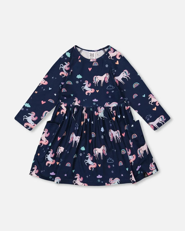 Deux Par Deux Jersey Printed Pockets Dress - Navy Unicorn
