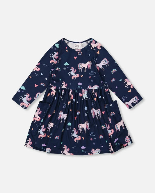 Deux Par Deux Jersey Printed Pockets Dress - Navy Unicorn