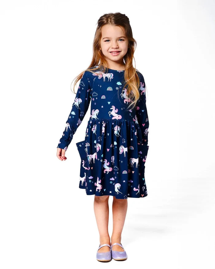 Deux Par Deux Jersey Printed Pockets Dress - Navy Unicorn