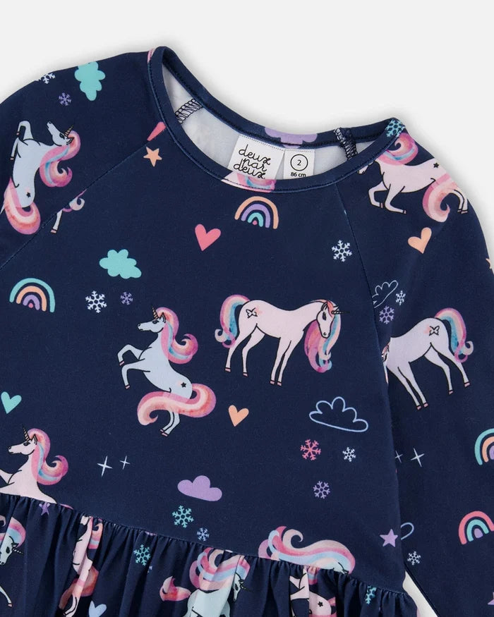 Deux Par Deux Jersey Printed Pockets Dress - Navy Unicorn