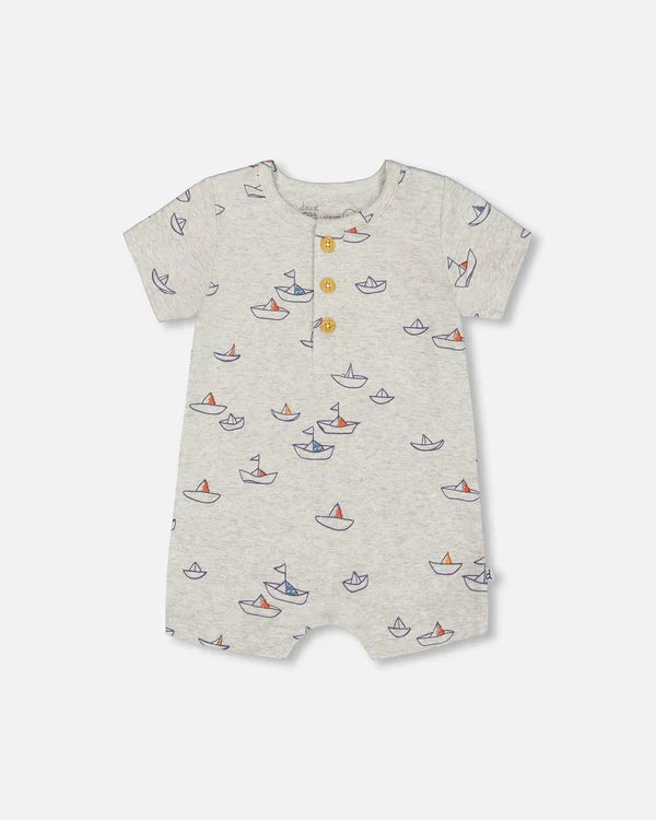 Deux Par Deux Jersey Romper - Printed Blue Sailboats