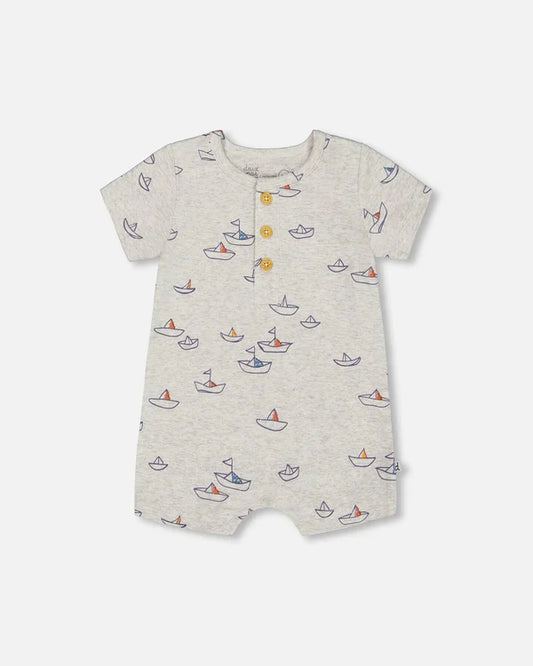 Deux Par Deux Jersey Romper - Printed Blue Sailboats