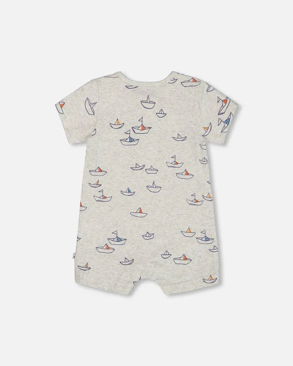 Deux Par Deux Jersey Romper - Printed Blue Sailboats