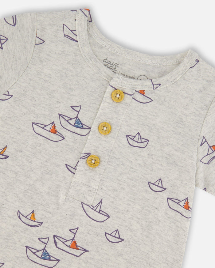 Deux Par Deux Jersey Romper - Printed Blue Sailboats