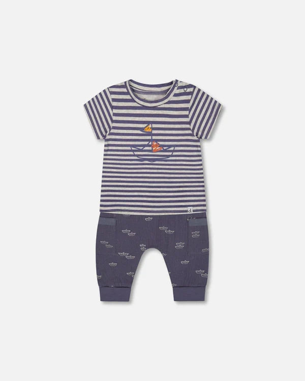 Deux Par Deux Jersey Top & Muslin Pant Set - Printed Blue Stripe Navy