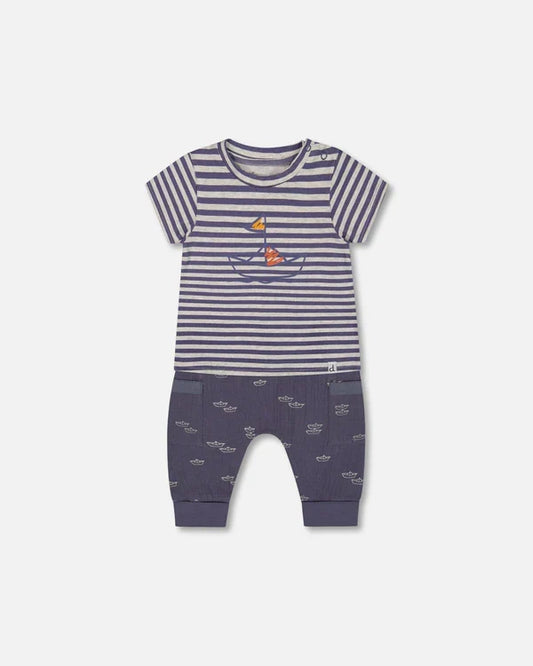 Deux Par Deux Jersey Top & Muslin Pant Set - Printed Blue Stripe Navy