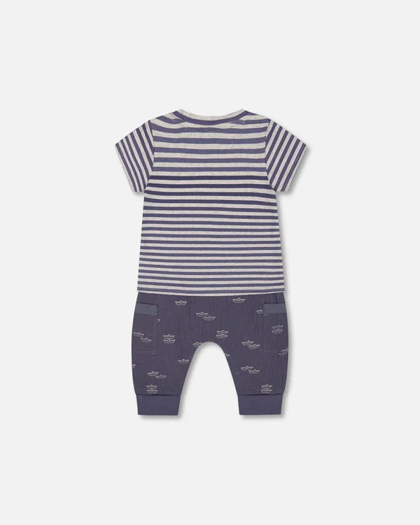 Deux Par Deux Jersey Top & Muslin Pant Set - Printed Blue Stripe Navy