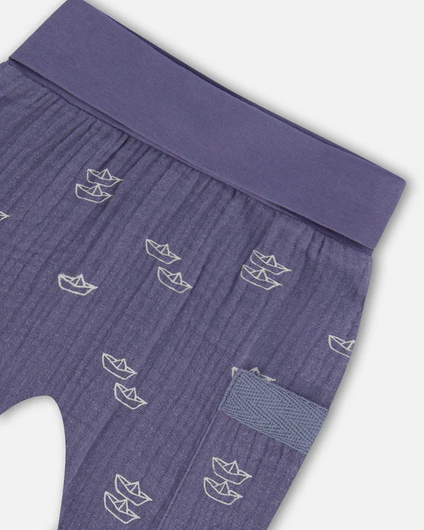 Deux Par Deux Jersey Top & Muslin Pant Set - Printed Blue Stripe Navy