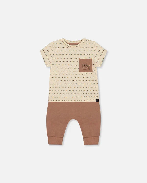 Deux Par Deux Jersey Top & Pant Set - Brown, Beige, And Monkey