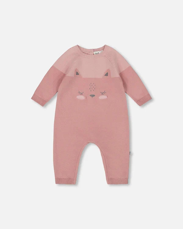 Deux Par Deux Knit Romper - Bi-Color Old Pink Cat