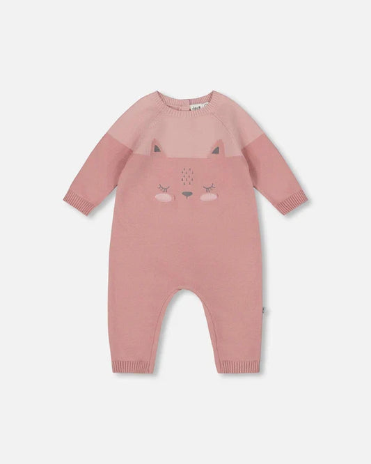 Deux Par Deux Knit Romper - Bi-Color Old Pink Cat