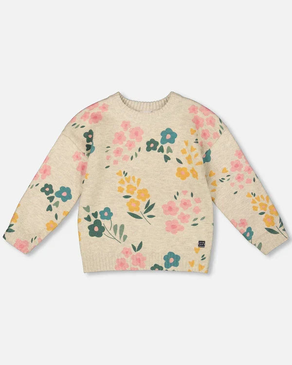 Deux Par Deux Knit Sweater - Oatmeal Beige Floral Print