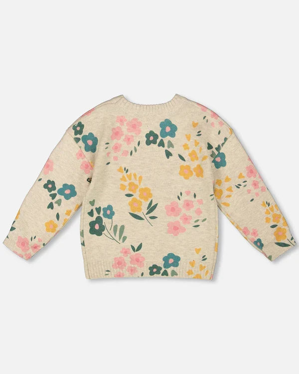 Deux Par Deux Knit Sweater - Oatmeal Beige Floral Print