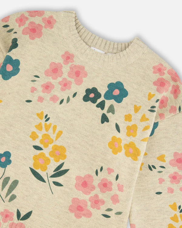 Deux Par Deux Knit Sweater - Oatmeal Beige Floral Print