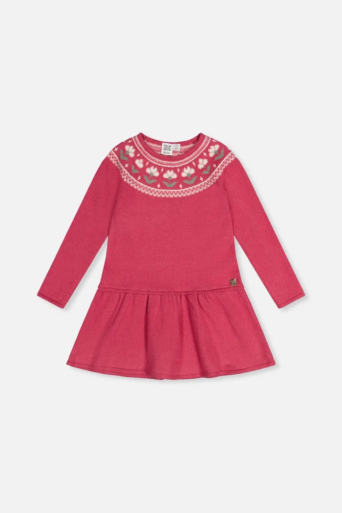 Deux Par Deux Knitted Dress with Flower Jacquard - Raspberry Pink