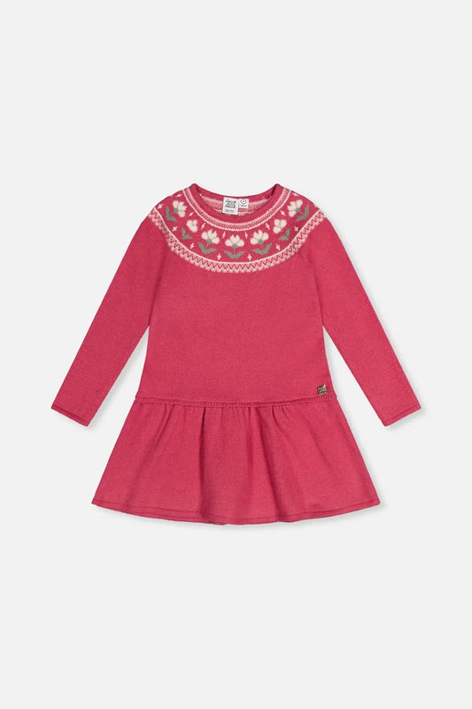 Deux Par Deux Knitted Dress with Flower Jacquard - Raspberry Pink