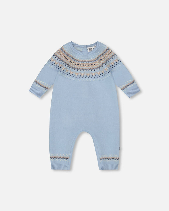Deux Par Deux Knitted Jacquard Romper - Celestial Light Blue