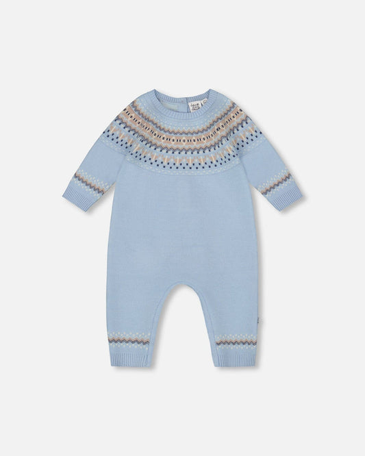 Deux Par Deux Knitted Jacquard Romper - Celestial Light Blue