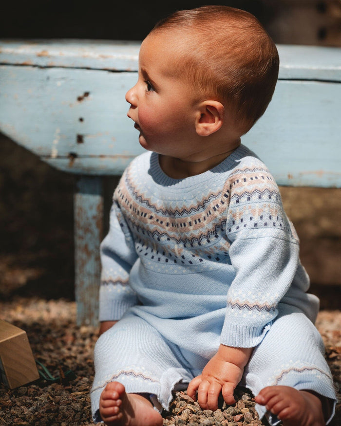Deux Par Deux Knitted Jacquard Romper - Celestial Light Blue