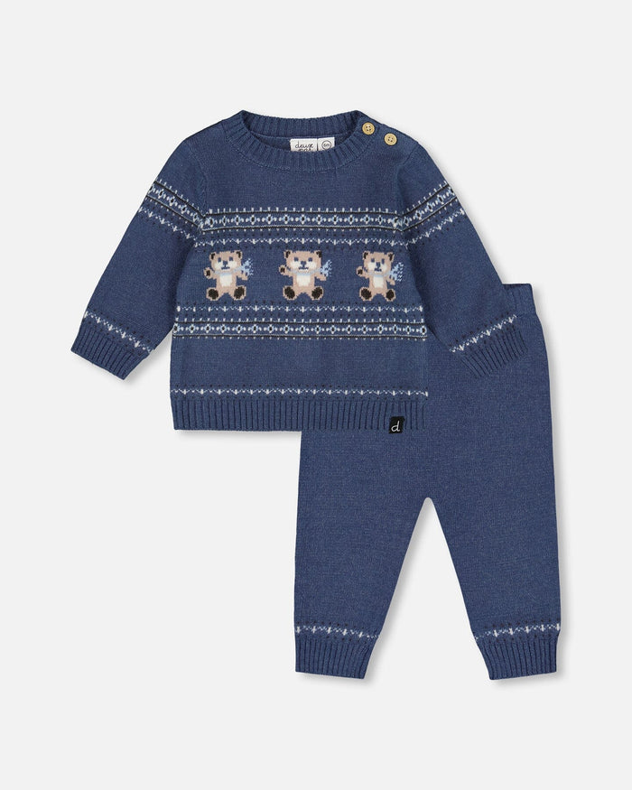 Deux Par Deux Knitted Jacquard Sweater And Pant Set - Moonlight Blue Bears