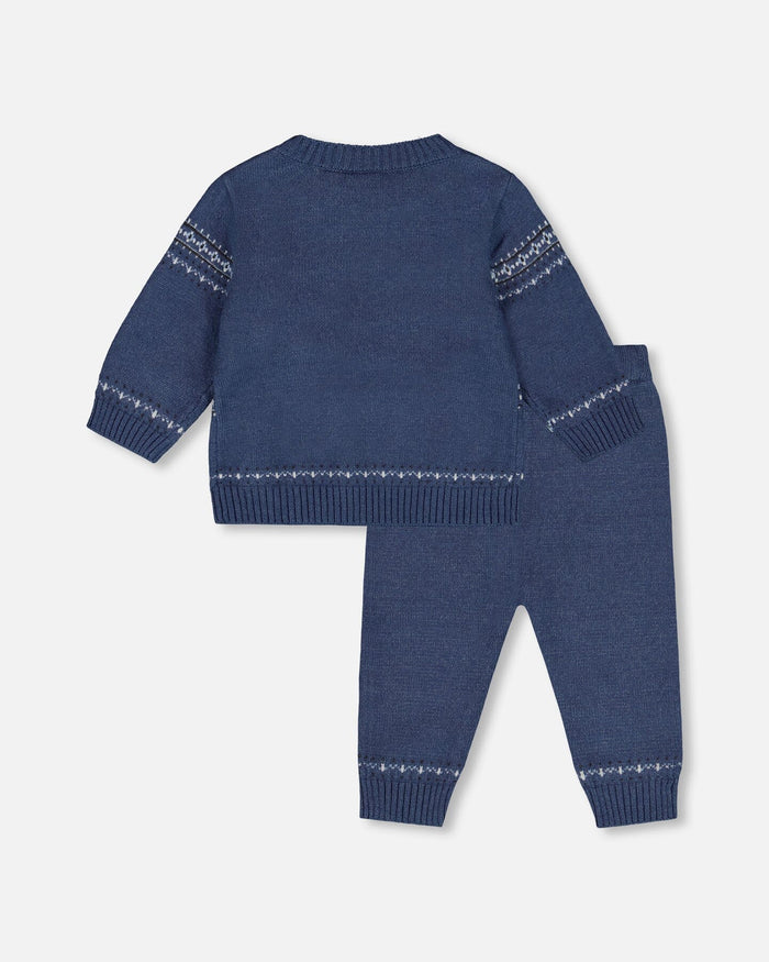 Deux Par Deux Knitted Jacquard Sweater And Pant Set - Moonlight Blue Bears
