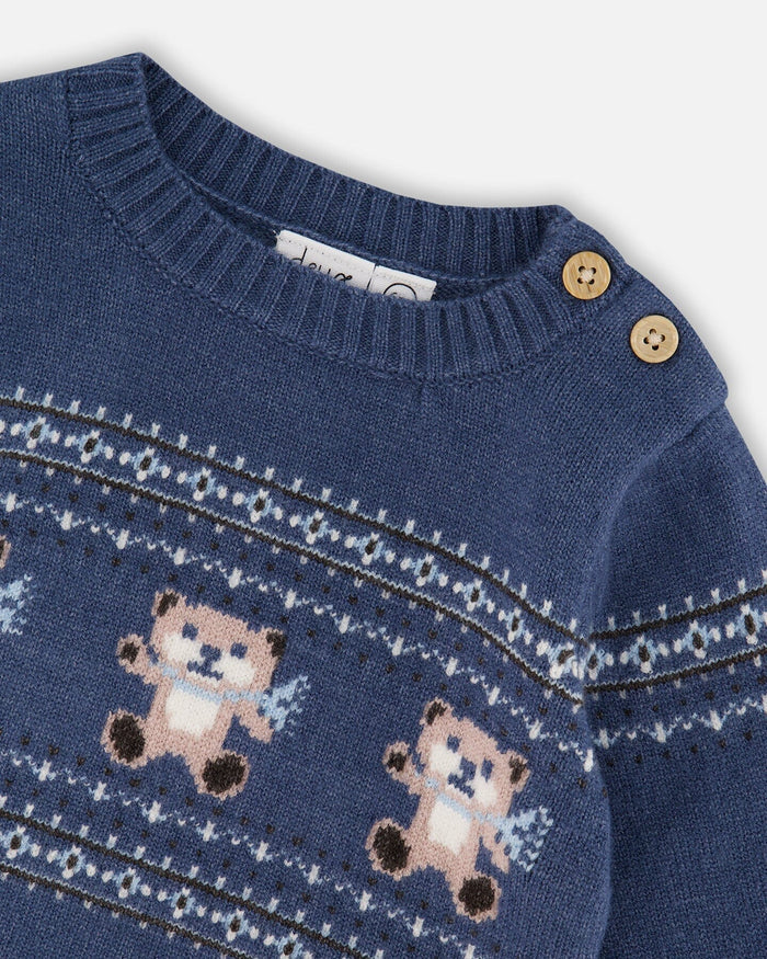 Deux Par Deux Knitted Jacquard Sweater And Pant Set - Moonlight Blue Bears