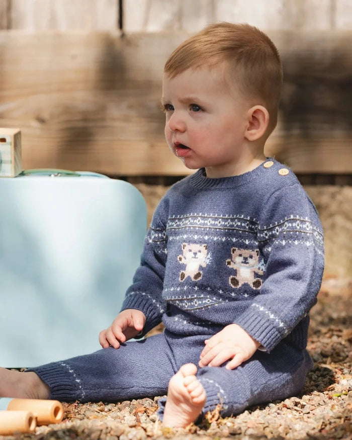 Deux Par Deux Knitted Jacquard Sweater And Pant Set - Moonlight Blue Bears