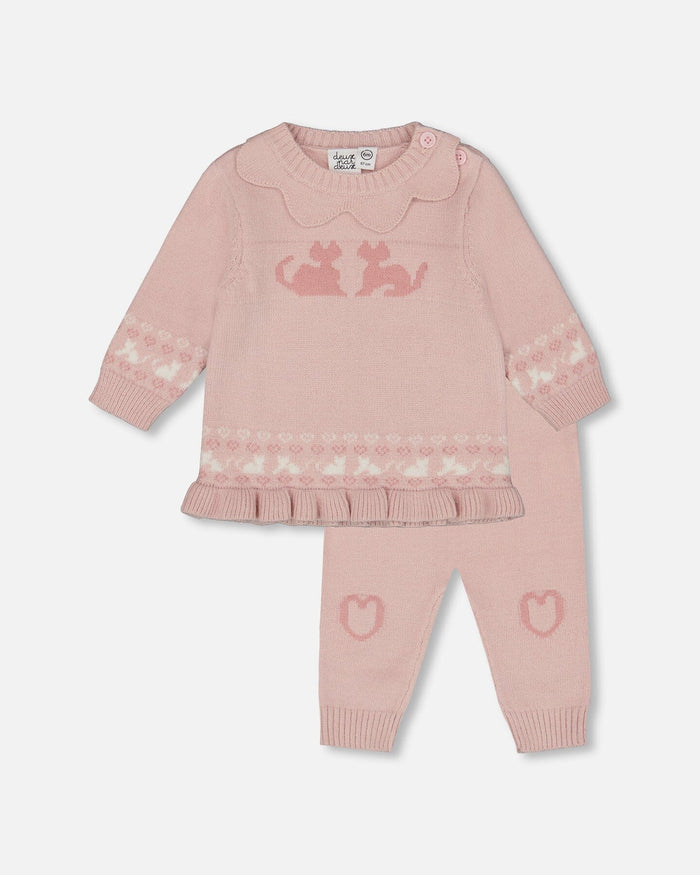 Deux Par Deux Knitted Top And Pant Set - Light Pink
