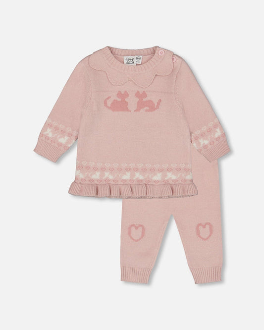 Deux Par Deux Knitted Top And Pant Set - Light Pink