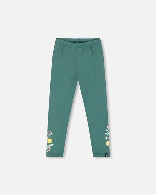 Deux Par Deux Leggings - Dark Green with Flowers