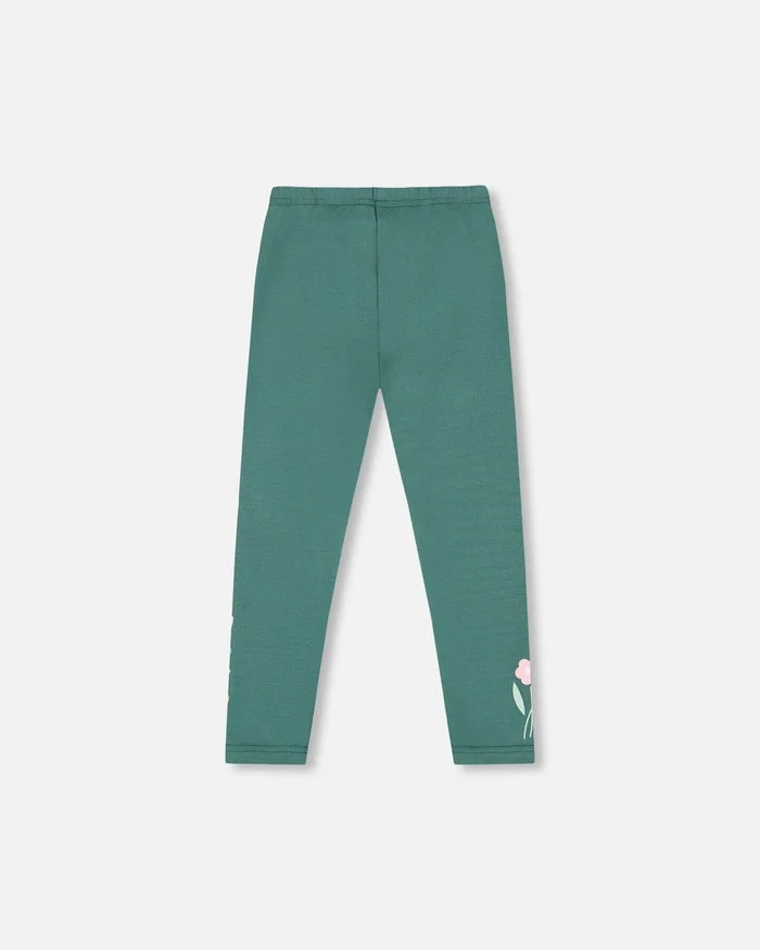 Deux Par Deux Leggings - Dark Green with Flowers
