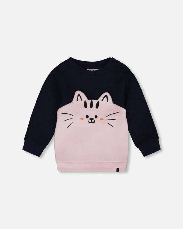 Deux Par Deux Long Bi-Material Top - Black Iris/Navy & Pink Cat