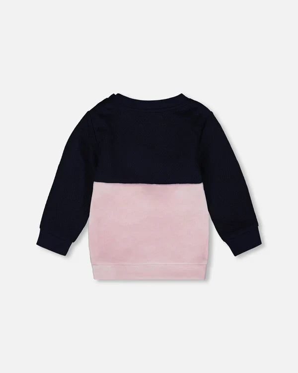Deux Par Deux Long Bi-Material Top - Black Iris/Navy & Pink Cat
