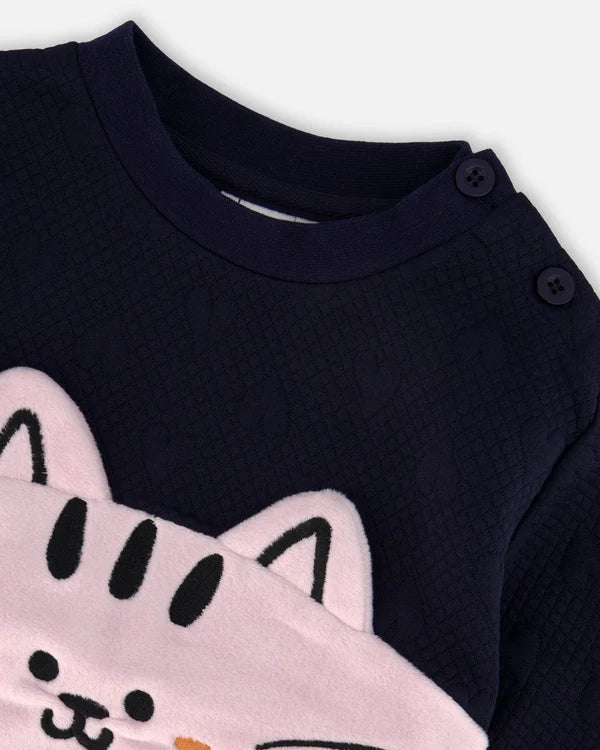 Deux Par Deux Long Bi-Material Top - Black Iris/Navy & Pink Cat