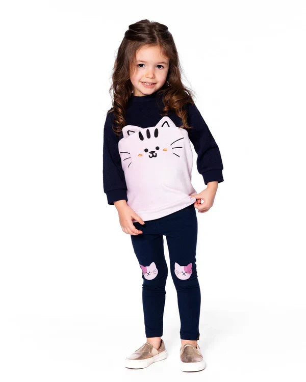 Deux Par Deux Long Bi-Material Top - Black Iris/Navy & Pink Cat
